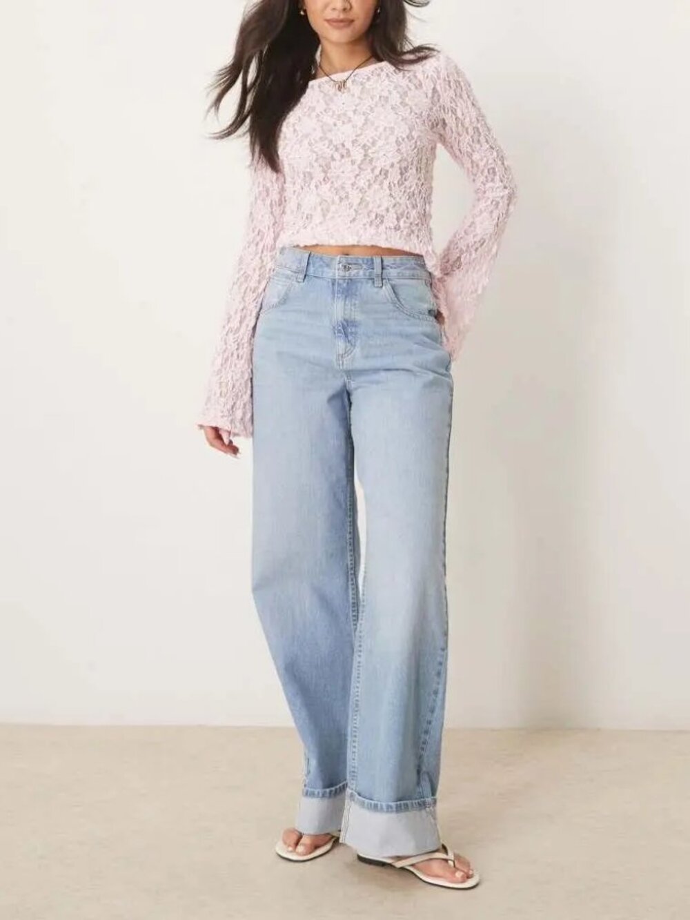 ASOS DESIGN Loose Jean with Deep Turn Up Cuff, Pale Wash, size 16